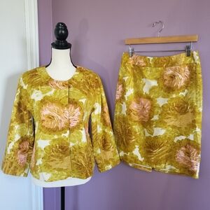 NWOT Talbots Mustard & Pink Rose Woven Cotton Canvas 2 Piece Blazer Skirt Suit